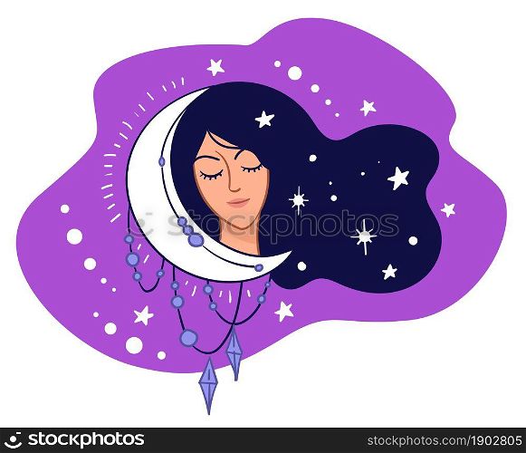 Female character with closed eyes sleeping by crescent moon and stars. Astronomy and astrology, occult and witchcraft. Meditating girl with glowing celestial bodies and jewelry. Vector in flat style. Sleepy woman with crescent moon and shining stars