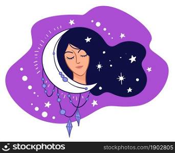 Female character with closed eyes sleeping by crescent moon and stars. Astronomy and astrology, occult and witchcraft. Meditating girl with glowing celestial bodies and jewelry. Vector in flat style. Sleepy woman with crescent moon and shining stars