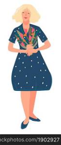 Female character with flowers holding bouquet presented on special occasion or holiday. Girl with blooming flora wearing girlish dress with polka dot. Womens day celebration. Vector in flat style. Blond woman holding bouquet of flowers in hands