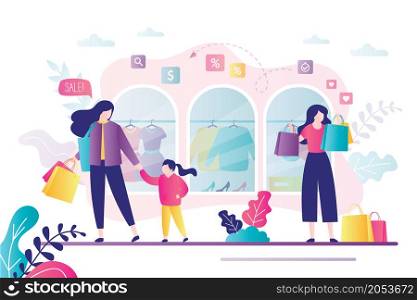 Female character with lot of shopping bags. Shop window with different clothes. Mother and daughter is shopping. Concept of sale and business. Banner in trendy style. Flat vector illustration. Female character with lot of shopping bags. Shop window with different clothes. Mother and daughter is shopping