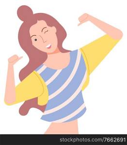 Female character with positive face expression vector, isolated woman wearing crop top and jacket, gesturing and smiling. Winking girl with fancy hair. Cheerful Woman Winking and Pointing on Herself