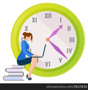 Female character worker vector, lady sitting on books publication looking at laptop screen. Clock with deadline, project management control of work. Woman Working on Laptop Sitting on Books Vector