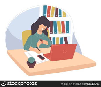 Female character working in office, waiting for day to end. Freelancer thinking on deadline of project. Personage with laptop and documents dealing with schedule and problems. Vector in flat style. Woman working in office looking time at watch