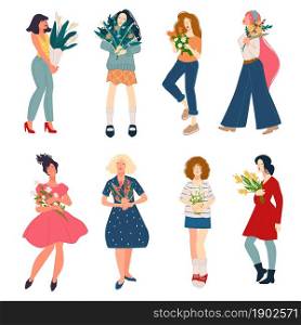 Female characters holding bouquets of flourishing flowers in hands. Ladies with presents for international womens or mother&rsquo;s day. Personages celebrating special holidays. Vector in flat style. Happy ladies holding bouquets in hands vector