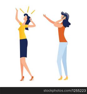 Female characters talking on cell phone, idea in my head cartoon vector illustration. Faceless women in casual clothes holding mobile near ear and making gesture, stretches hand, isolated on white. Female characters making gestures cartoon vector