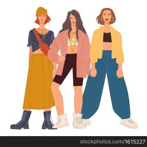 Female characters wearing stylish and fashionable clothes from bran shops and stores, Ad and promotion of clothing assortment and trendy outfits. Presentation on models. Vector in flat style. Stylish and fashionable girls in clothes vector