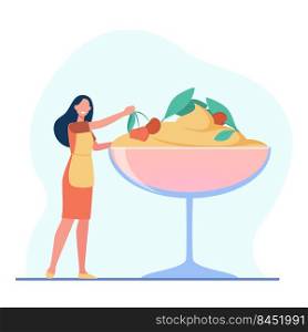 Female chef cooking dessert. Ice cream with berries, tiramisu, glass bowl. Flat vector illustration. Sweet food, cafe menu, confectionery concept for banner, website design or landing web page