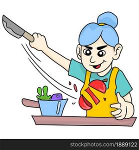 female chef skills in chopping vegetables. cartoon illustration sticker emoticon