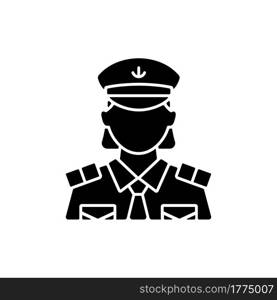 Female chief officer black glyph icon. Helping ship captain controlling staff. Crew member of cruise. Making travel comfortable. Silhouette symbol on white space. Vector isolated illustration. Female chief officer black glyph icon