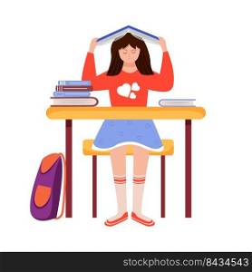 Female child overloaded with homework semi flat color vector character. Sitting figure. Full body person on white. Simple cartoon style illustration for web graphic design and animation. Female child overloaded with homework semi flat color vector character