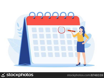 Female Circle Date on Calendar Planning Important Matter. Time Management and deadline concept, Work Organization and Life Events Notification, Memo Reminder. Vector illustration in flat style. Female Circle Date on Huge Calendar