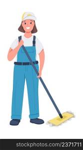 Female cleaning service worker semi flat color vector character. Full body person on white. Gender equality in workplace simple cartoon style illustration for web graphic design and animation. Female cleaning service worker semi flat color vector character