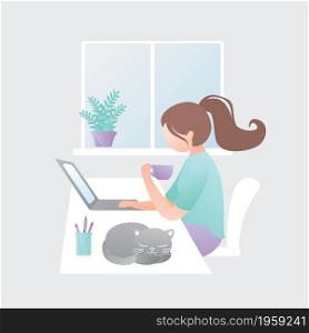 Female clerk or freelancer on workplace, girl with cup of coffee,home or office room interior, vector illustration in trendy style
