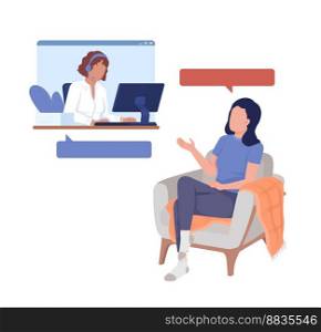 Female client consulting with call center agent semi flat color vector characters. Editable figures. Full body people on white. Simple cartoon style illustration for web graphic design and animation. Female client consulting with call center agent semi flat color vector characters