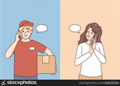 Female client talking on phone with deliveryman. Woman speaking on cellular with courier delivering parcel. Delivery service concept. Vector illustration.. Woman talking on phone with deliveryman