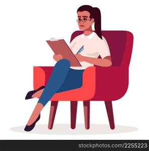 Female clinical therapist semi flat RGB color vector illustration. Sitting figure. Counselor conducting psychological consultation meeting isolated cartoon character on white background. Female clinical therapist semi flat RGB color vector illustration