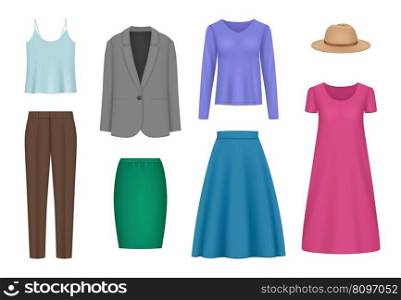 Female clothes. Woman wardrobe with fashioned clothes skirt dress pants and blouse decent vector templates set of wardrobe female clothes illustration. Female clothes. Woman wardrobe with fashioned clothes skirt dress pants and blouse decent vector templates set
