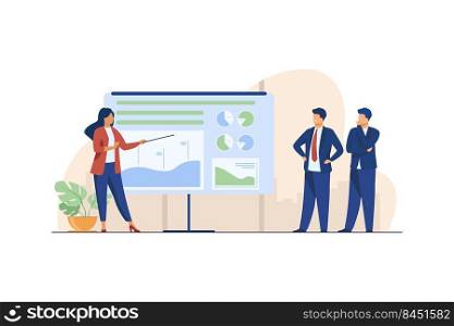 Female coach explaining statistics to businessmen. Graph, company, analysis flat vector illustration. Business and marketing concept for banner, website design or landing web page