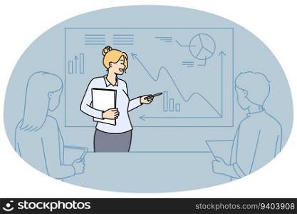 Female coach making business presentation for colleagues in office. Businesswoman presenting startup project on whiteboard at workplace. Vector illustration.. Businesswoman presenting for colleagues in office