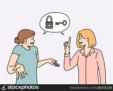 Female colleagues brainstorm look for answer together. Woman help confused coworker with problem solution. Teamwork. Vector illustration. . Woman help colleague with problem solution 