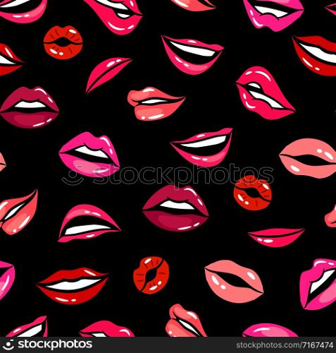 Female comic lips seamless pattern vector template. Female mouth with red lips makeup illustration. Female comic lips seamless pattern vector template