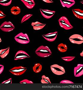 Female comic lips seamless pattern vector template. Female mouth with red lips makeup illustration. Female comic lips seamless pattern vector template