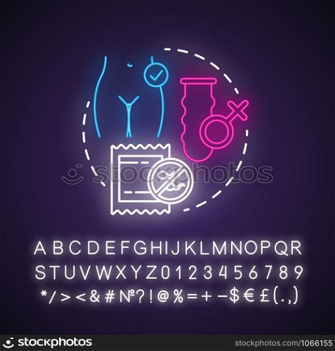 Female condom neon light concept icon. Safe sex. Woman contraception. Birth control method. Intimate relationship idea. Glowing sign with alphabet, numbers and symbols. Vector isolated illustration