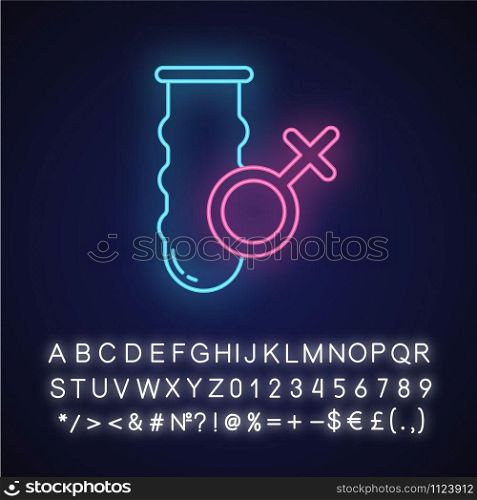 Female condom neon light icon. Latex contraceptive. Preservative. Pregnancy prevention. Safe sex. HIV, STI protection. Glowing sign with alphabet, numbers and symbols. Vector isolated illustration