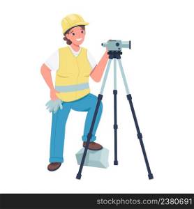 Female construction worker with video camera semi flat color vector character. Full body person on white. Gender equality simple cartoon style illustration for web graphic design and animation. Female construction worker with video camera semi flat color vector character