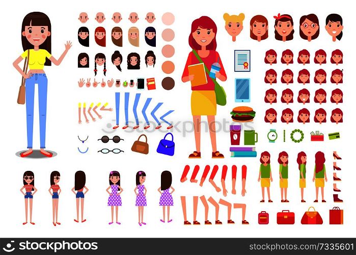 Female constructor collection, character constructor with accessories and details, emotions and hairstyles set, vector illustration isolated on white. Female Constructor Collection Vector Illustration