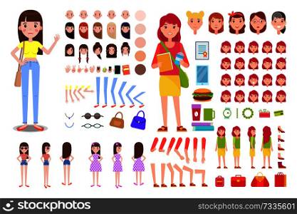 Female constructor collection, character constructor with accessories and details, emotions and hairstyles set, vector illustration isolated on white. Female Constructor Collection Vector Illustration