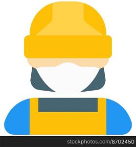 Female constructor in mask and helmet for precaution.