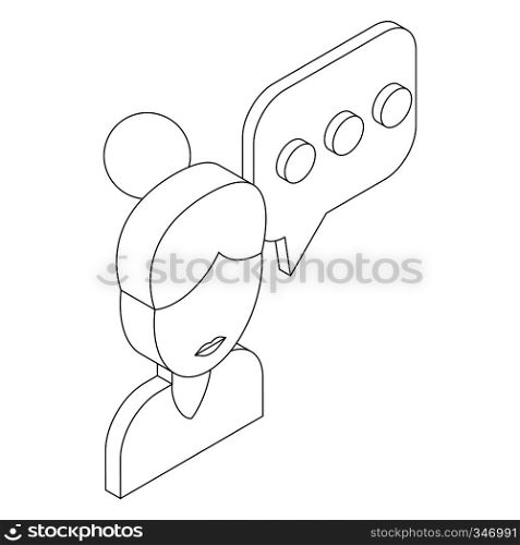 Female consultant and speech bubble with three dots icon in isometric 3d style on a white background. Female consultant and speech bubble icon