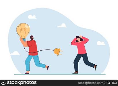 Female content creator running after thief with big lightbulb. Criminal stealing idea from woman flat vector illustration. Creativity, crime, intellectual property concept for banner, website design