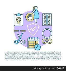 Female contraception article page vector template. Birth control methods. Woman healthcare. Brochure, magazine, booklet design element with linear icons. Print design. Concept illustrations with text
