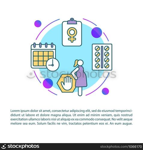 Female contraception article page vector template. Protection from unwanted pregnancy. Brochure, magazine, booklet design element with linear icons. Print design. Concept illustrations with text
