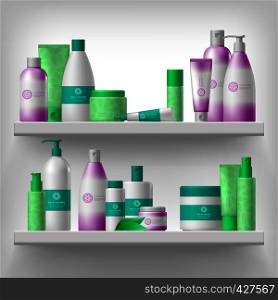 Female cosmetic and hygiene beauty treatment product packages on shelves realistic concept. Female cosmetic on shelves