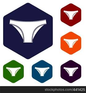 Female cotton panties icons set hexagon isolated vector illustration. Female cotton panties icons set hexagon