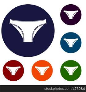 Female cotton panties icons set in flat circle red, blue and green color for web. Female cotton panties icons set