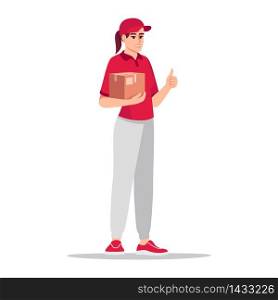 Female courier in red shirt holding parcel semi flat RGB color vector illustration. Caucasian employee with cardboard box. Delivery worker isolated cartoon character on white background. Female courier in red shirt holding parcel semi flat RGB color vector illustration