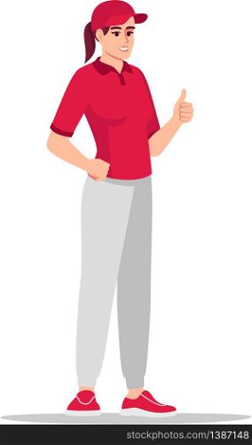 Female courier in red shirt semi flat RGB color vector illustration. Caucasian employee in uniform. Fast shipment service. Delivery worker isolated cartoon character on white background. Female courier in red shirt semi flat RGB color vector illustration