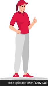 Female courier in red shirt semi flat RGB color vector illustration. Caucasian employee in uniform. Fast shipment service. Delivery worker isolated cartoon character on white background. Female courier in red shirt semi flat RGB color vector illustration