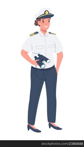 Female cruise ship captain semi flat color vector character. Full body person on white. Gender equality in workplace simple cartoon style illustration for web graphic design and animation. Female cruise ship captain semi flat color vector character