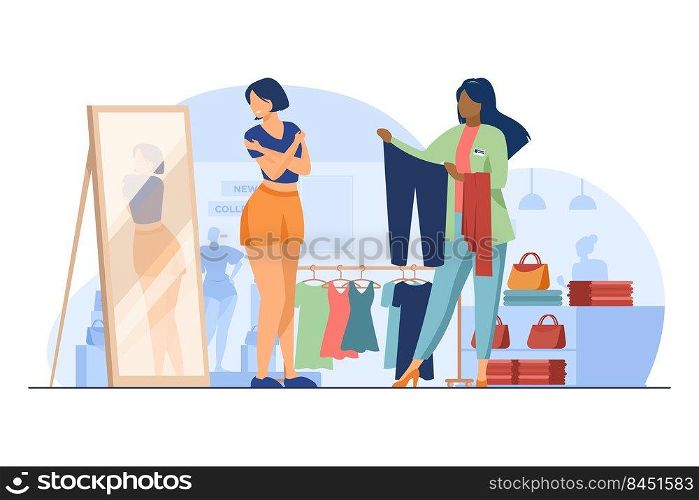 Female customer choosing clothes in fashion store. Shop assistant, seller, consultant flat vector illustration. Shopping, fitting room concept for banner, website design or landing web page