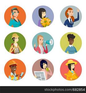 Female customer service operator in headset. Customer service operator wearing headset. Set of different professions. Set of vector flat design illustrations in the circle isolated on white background. Vector set of characters of different professions.