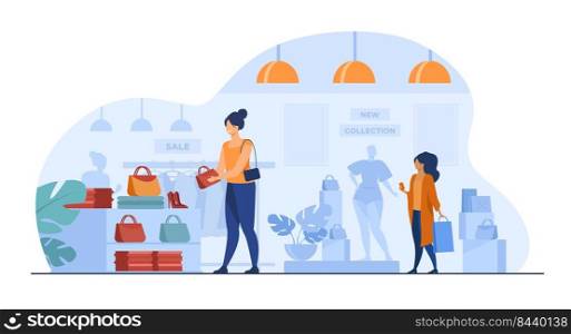 Female customers shopping in clothes shop. Women choosing garments, fashion accessories at sale in boutique. Vector illustration for retail store, marketing, purchase, consumers concept