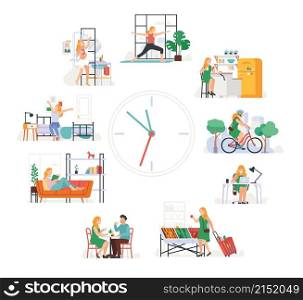 Female daily routine time. Girl activity during day. Large watch face with everyday life scenes. Woman waking-up and taking shower. Character working and cycling in park. Clock dial. Vector concept. Female daily routine time. Girl activity during day. Watch face with everyday scenes. Woman waking-up and taking shower. Character working and cycling in park. Clock dial. Vector concept