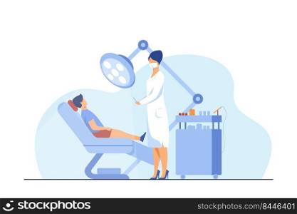 Female dentist curing boy in chair. Tooth, treatment, toothache flat vector illustration. Stomatology and medicine concept for banner, website design or landing web page