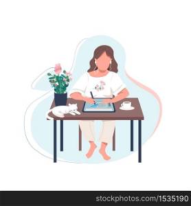 Female designer flat color vector faceless character. Woman draw on digital tablet. Artist make artwork with device. Online tutorial isolated cartoon illustration for web graphic design and animation. Female designer flat color vector faceless character