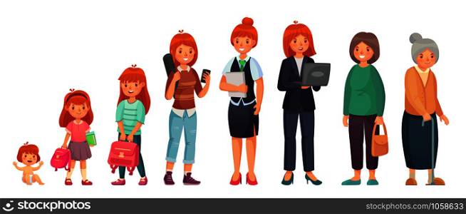 Female different ages. Baby, young girl, adult european women and aged grandma. Woman generations growth stage. Females growing character isolated cartoon vector illustration. Female different ages. Baby, young girl, adult european women and aged grandma. Woman generations isolated cartoon vector illustration
